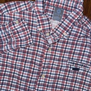 Vineyard Vines Harbor Shirt Men's L Red Blue White Check Long Sleeve Performance